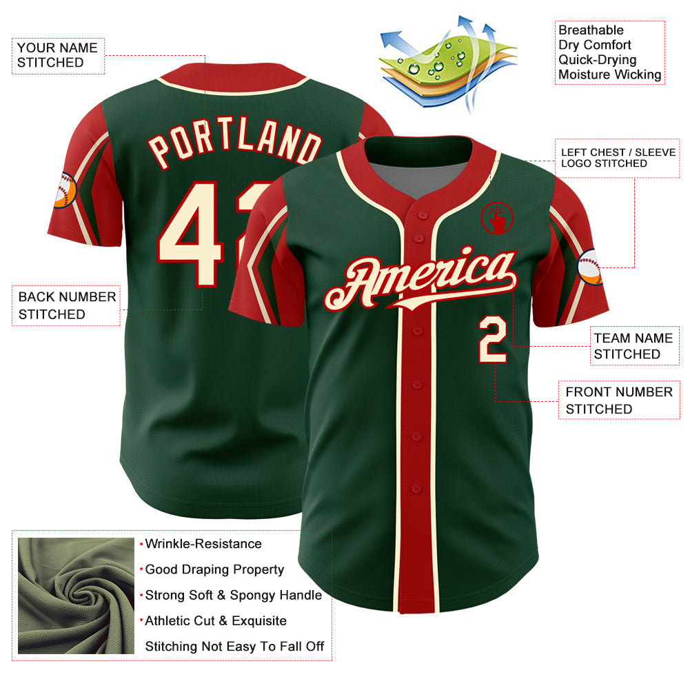 Custom Green Cream-Red 3 Colors Arm Shapes Authentic Baseball Jersey view 4