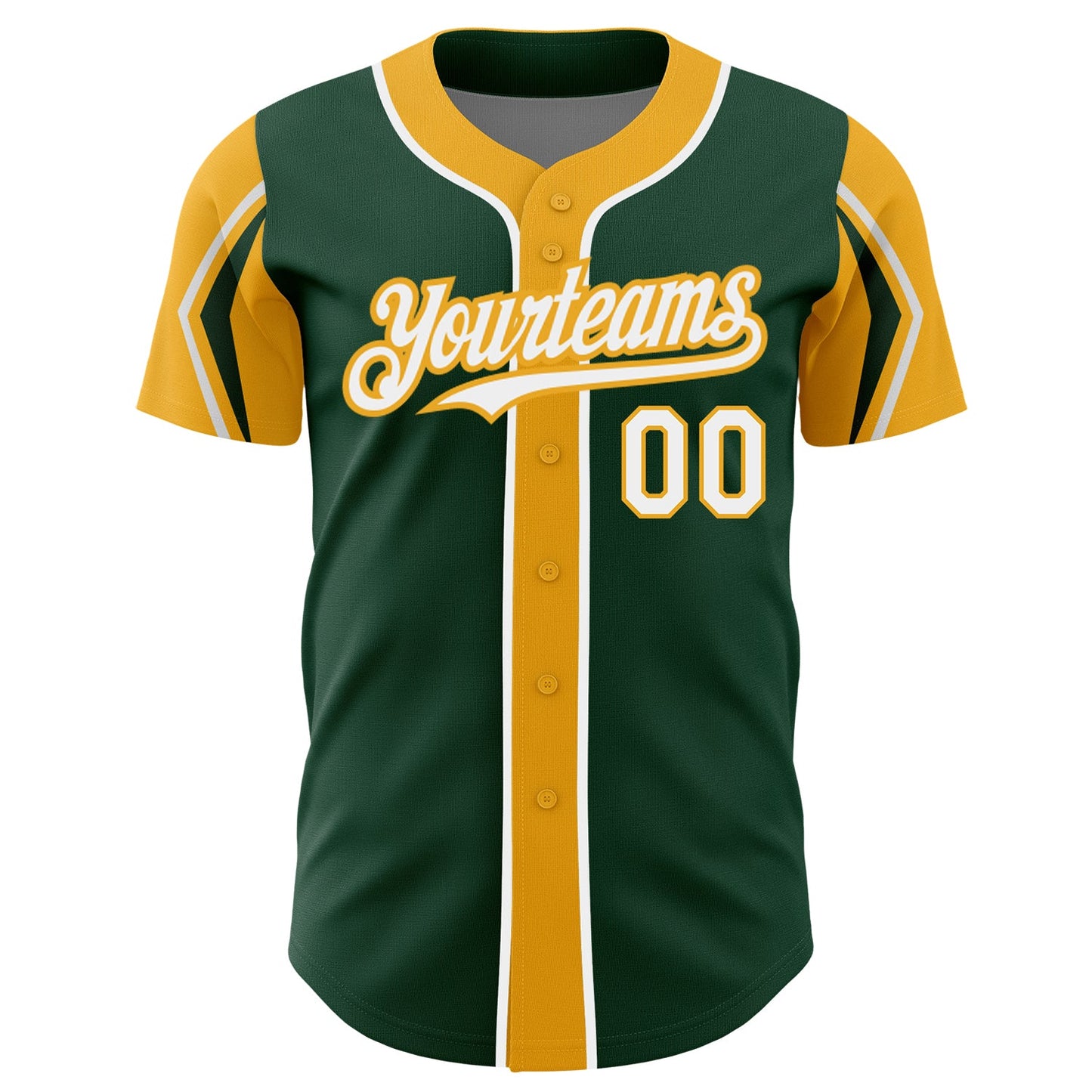 Custom Green White-Gold 3 Colors Arm Shapes Authentic Baseball Jersey view 3