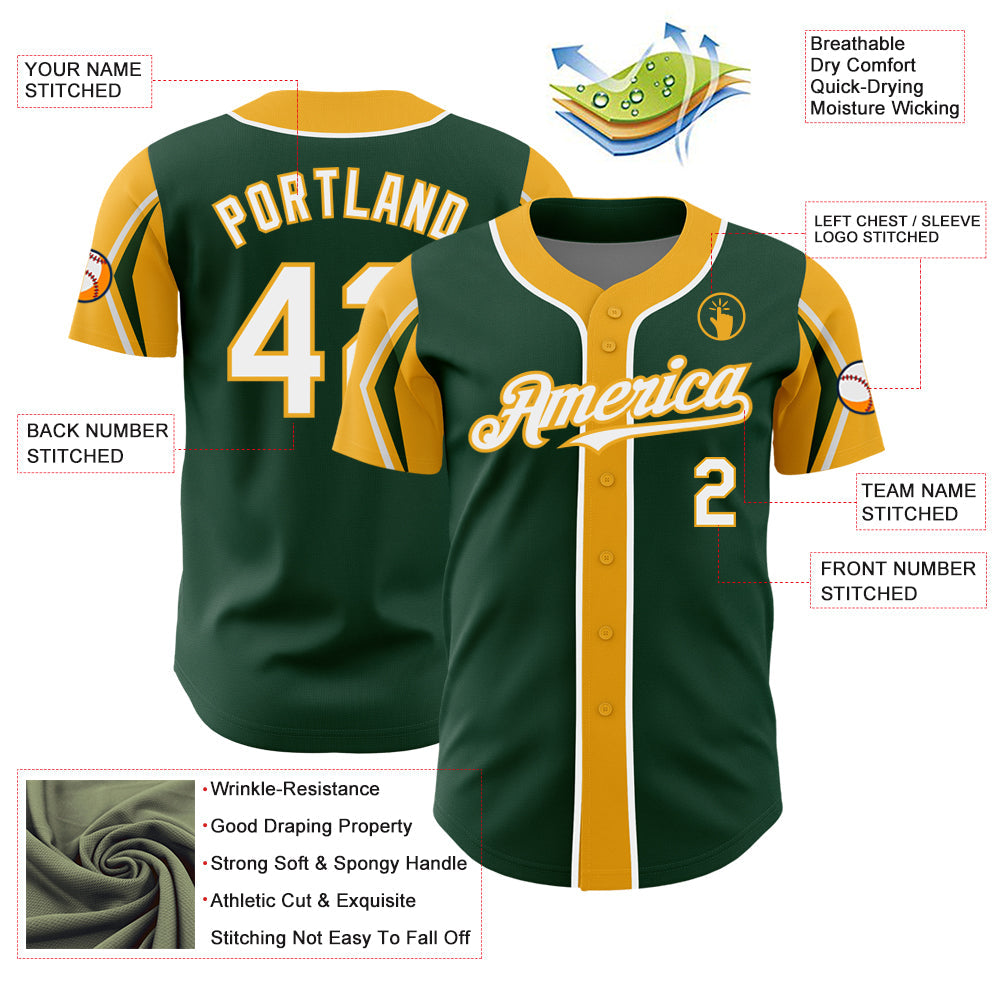 Custom Green White-Gold 3 Colors Arm Shapes Authentic Baseball Jersey view 4
