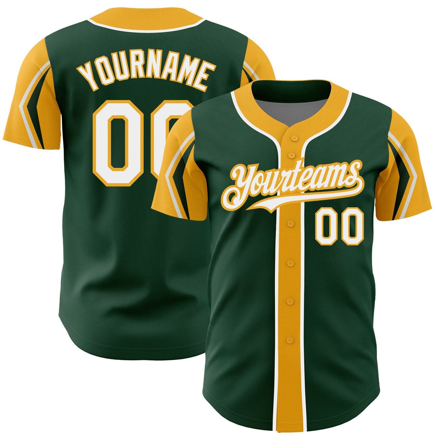 Custom Green White-Gold 3 Colors Arm Shapes Authentic Baseball Jersey - Main View