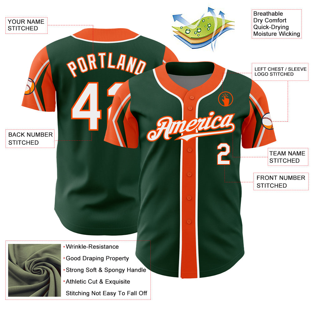 Custom Green White-Orange 3 Colors Arm Shapes Authentic Baseball Jersey view 4