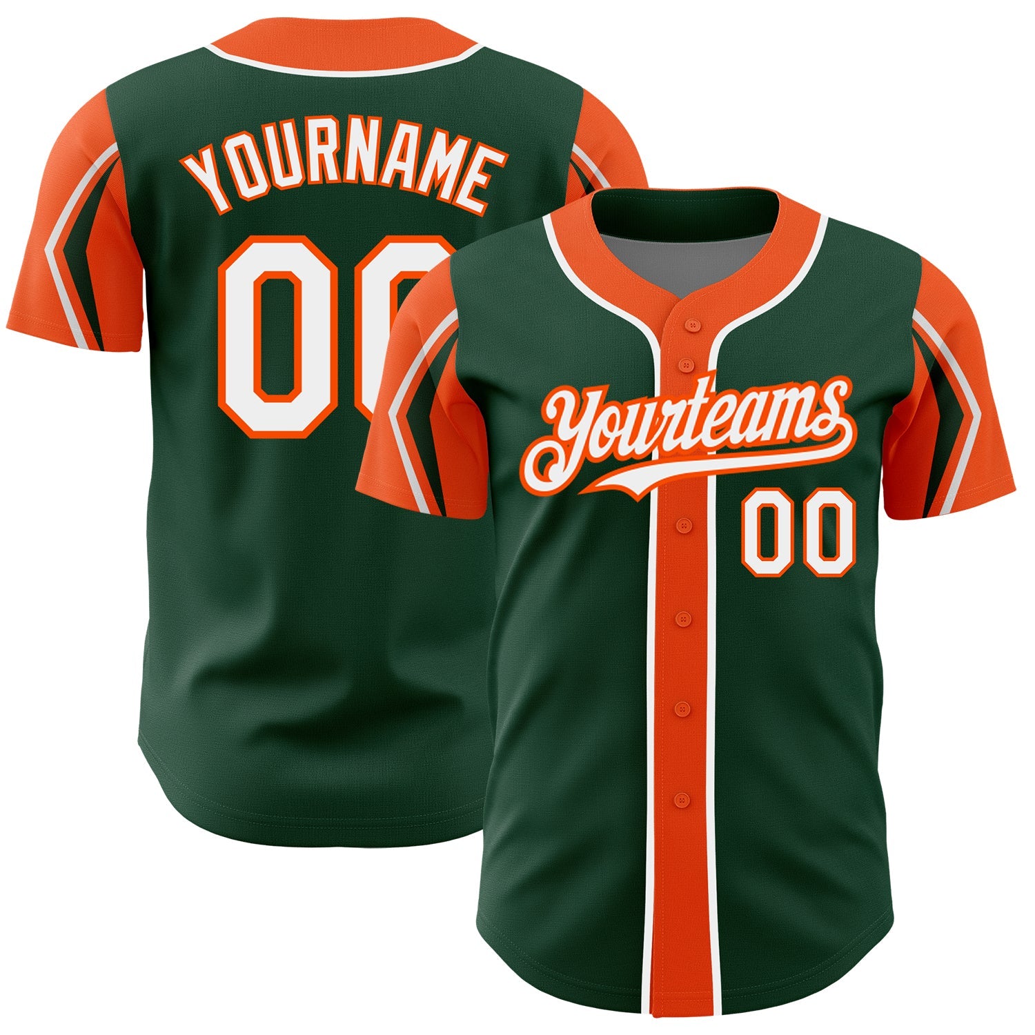Custom Green White-Orange 3 Colors Arm Shapes Authentic Baseball Jersey - Main View