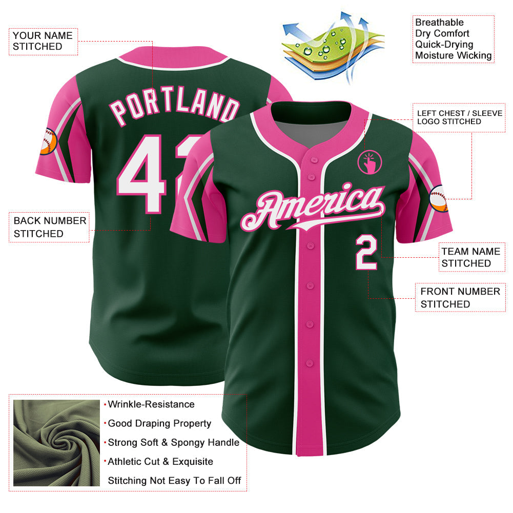 Custom Green White-Pink 3 Colors Arm Shapes Authentic Baseball Jersey view 4