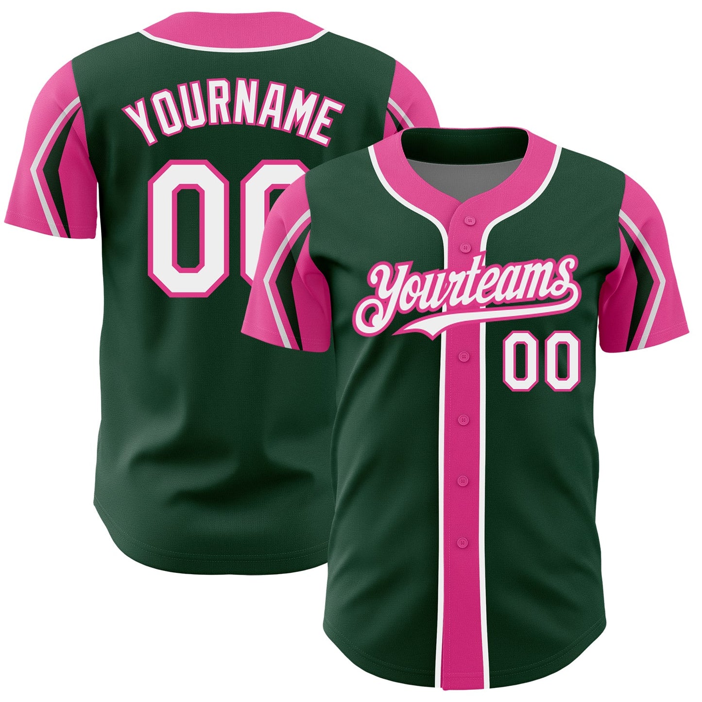 Custom Green White-Pink 3 Colors Arm Shapes Authentic Baseball Jersey - Main View