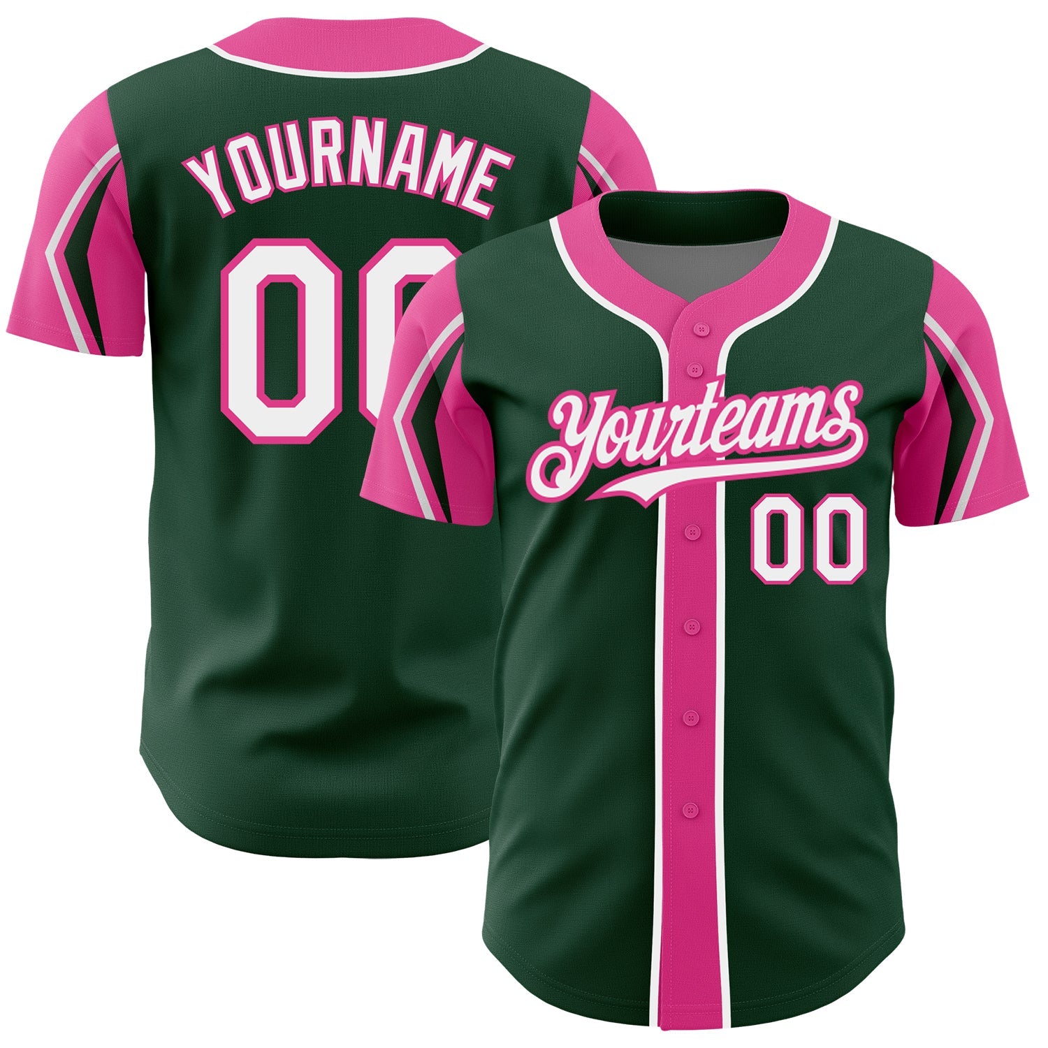 Custom Green White-Pink 3 Colors Arm Shapes Authentic Baseball Jersey - Main View