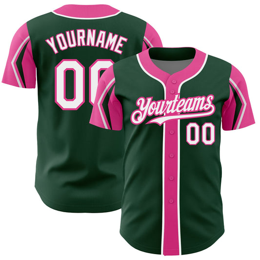 Custom Green White-Pink 3 Colors Arm Shapes Authentic Baseball Jersey - Main View