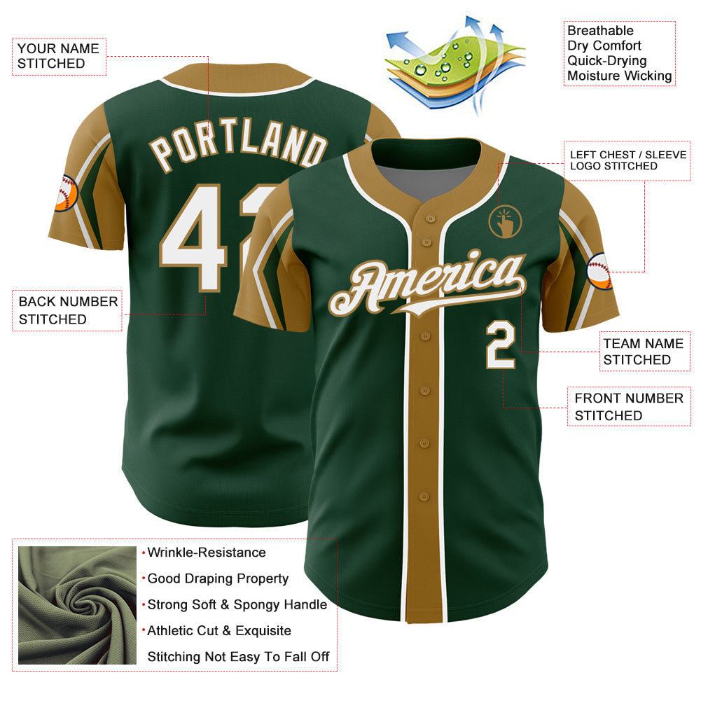 Custom Green White-Old Gold 3 Colors Arm Shapes Authentic Baseball Jersey view 4