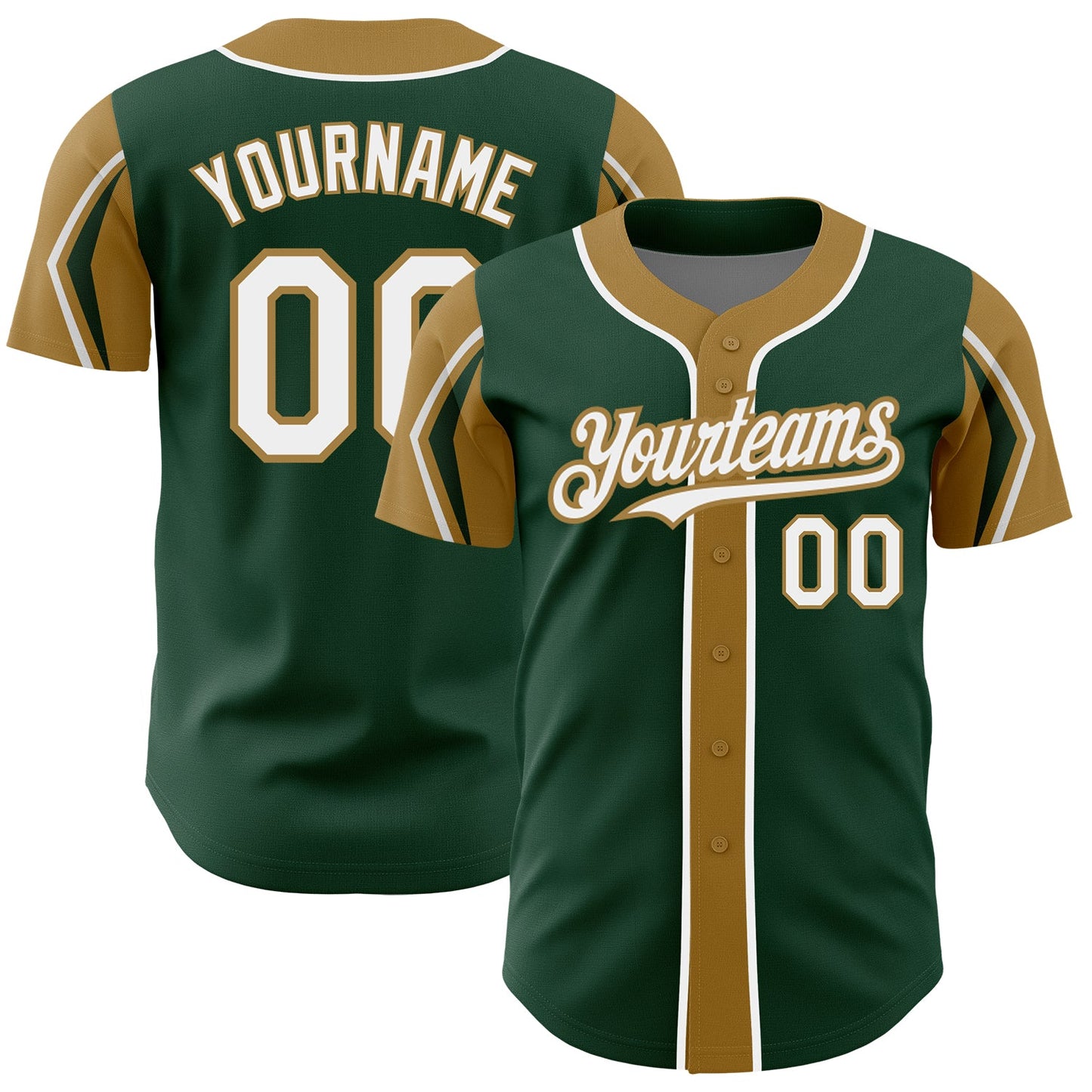 Custom Green White-Old Gold 3 Colors Arm Shapes Authentic Baseball Jersey - Main View