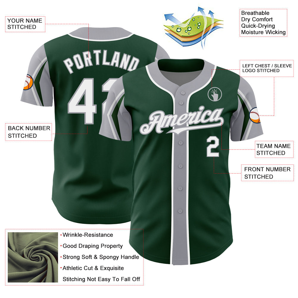 Custom Green White-Gray 3 Colors Arm Shapes Authentic Baseball Jersey view 4