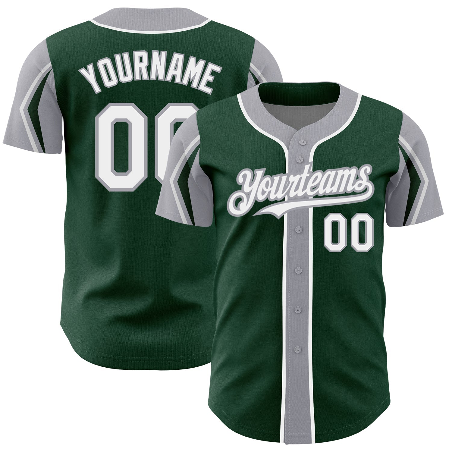 Custom Green White-Gray 3 Colors Arm Shapes Authentic Baseball Jersey - Main View