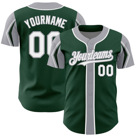 Custom Green White-Gray 3 Colors Arm Shapes Authentic Baseball Jersey - Main View