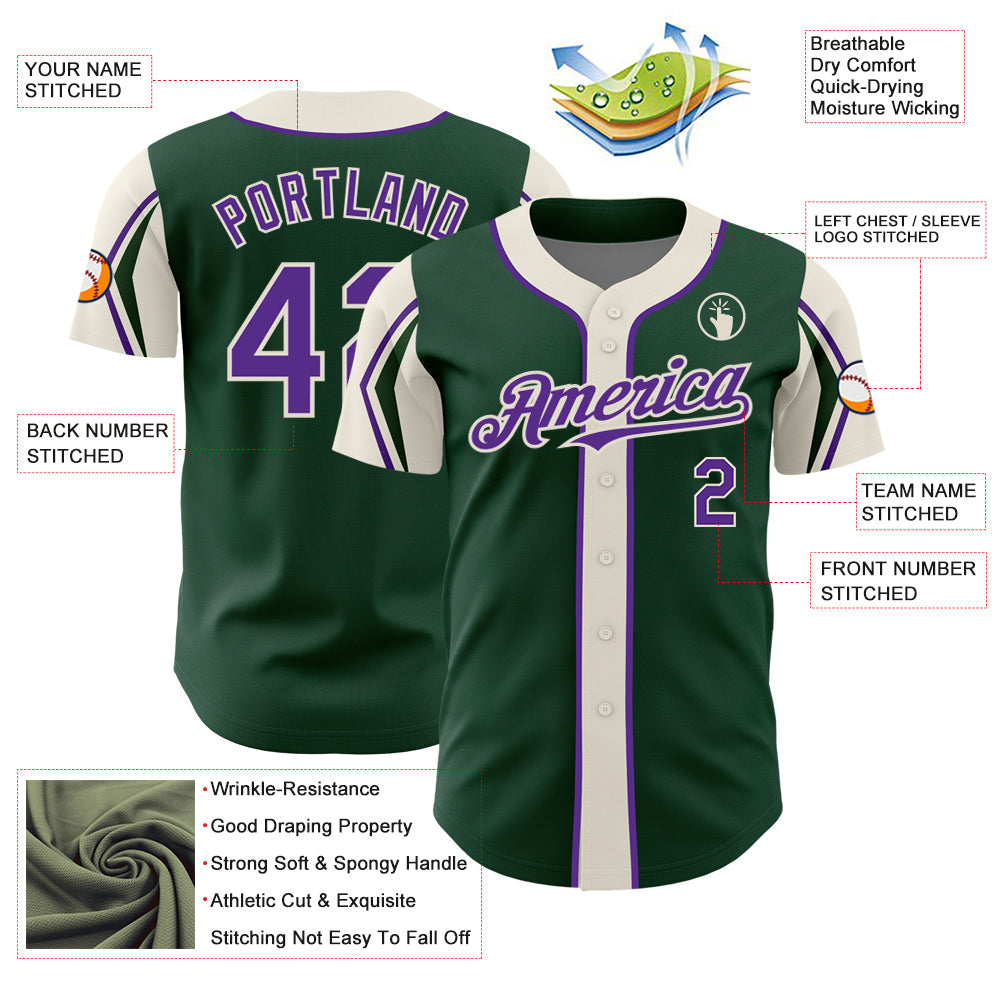 Custom Green Purple-Cream 3 Colors Arm Shapes Authentic Baseball Jersey view 4