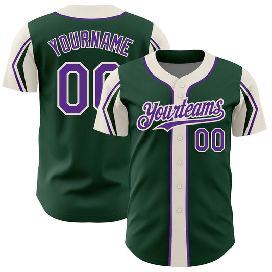 Custom Green Purple-Cream 3 Colors Arm Shapes Authentic Baseball Jersey - Main View