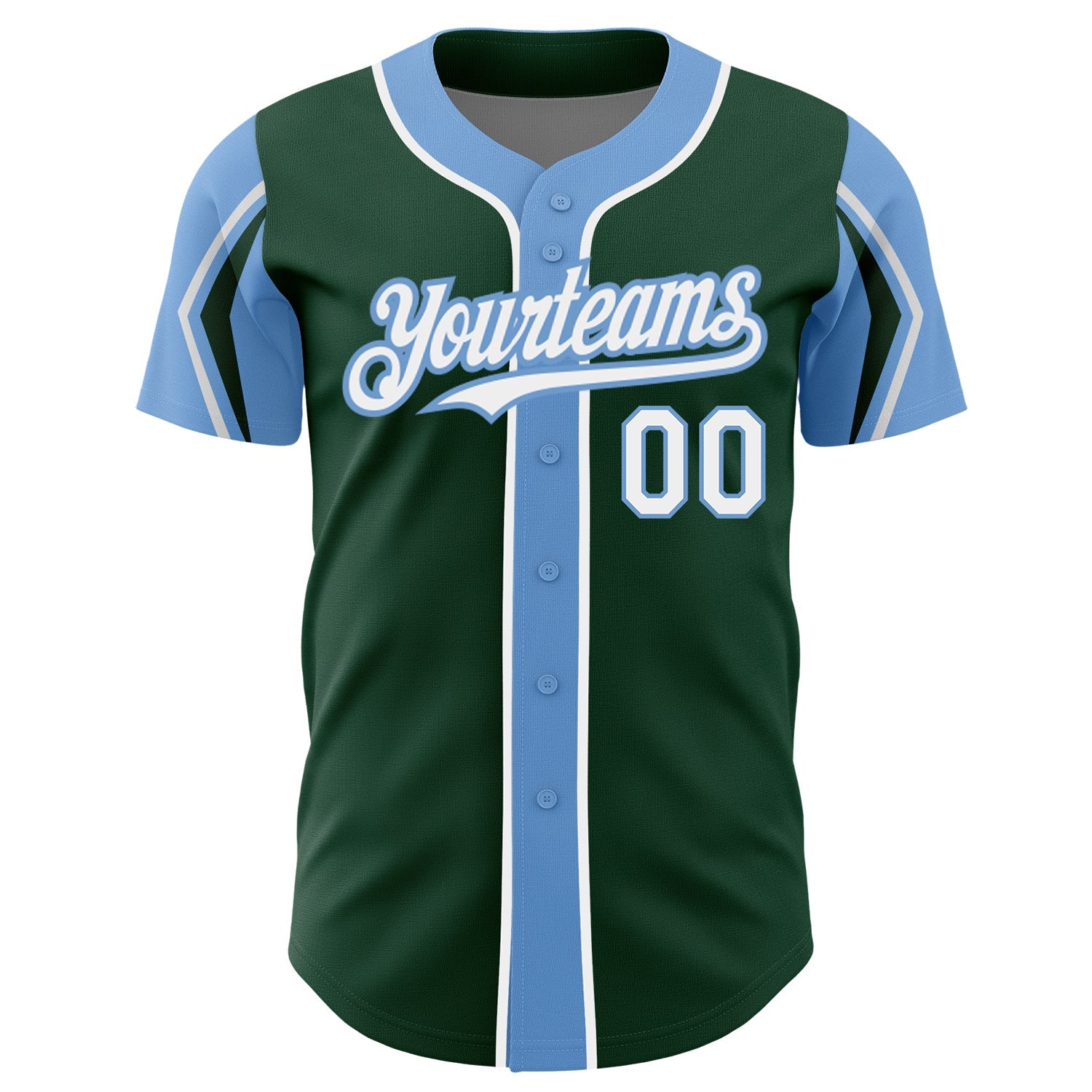 Custom Green White-Light Blue 3 Colors Arm Shapes Authentic Baseball Jersey view 3