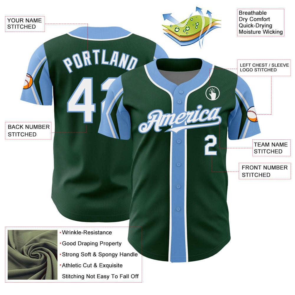 Custom Green White-Light Blue 3 Colors Arm Shapes Authentic Baseball Jersey view 4