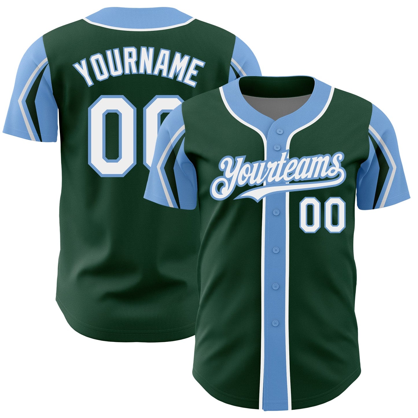 Custom Green White-Light Blue 3 Colors Arm Shapes Authentic Baseball Jersey - Main View