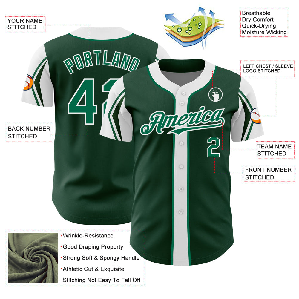 Custom Green Kelly Green-White 3 Colors Arm Shapes Authentic Baseball Jersey view 4