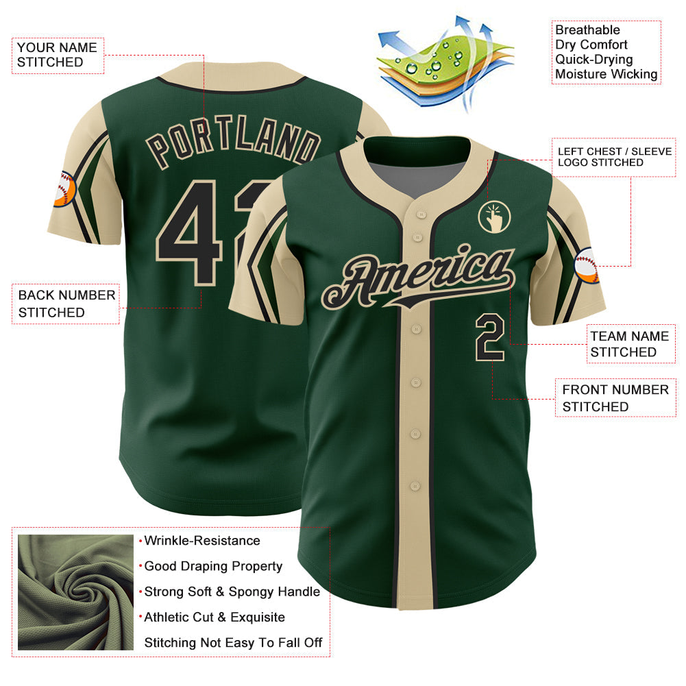 Custom Green Black-City Cream 3 Colors Arm Shapes Authentic Baseball Jersey view 4