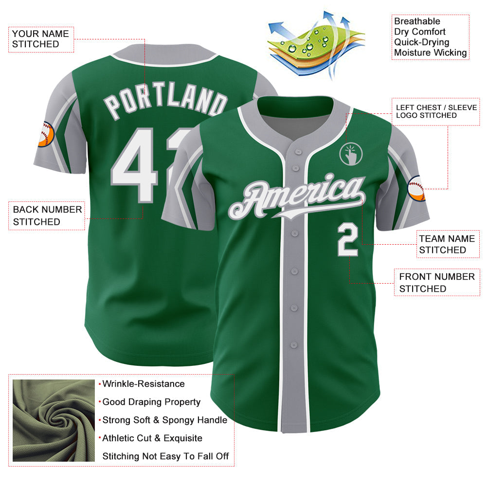 Custom Kelly Green White-Gray 3 Colors Arm Shapes Authentic Baseball Jersey view 4