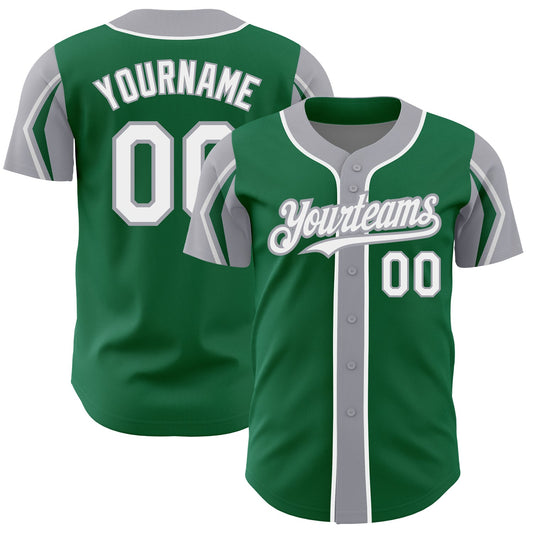 Custom Kelly Green White-Gray 3 Colors Arm Shapes Authentic Baseball Jersey - Main View