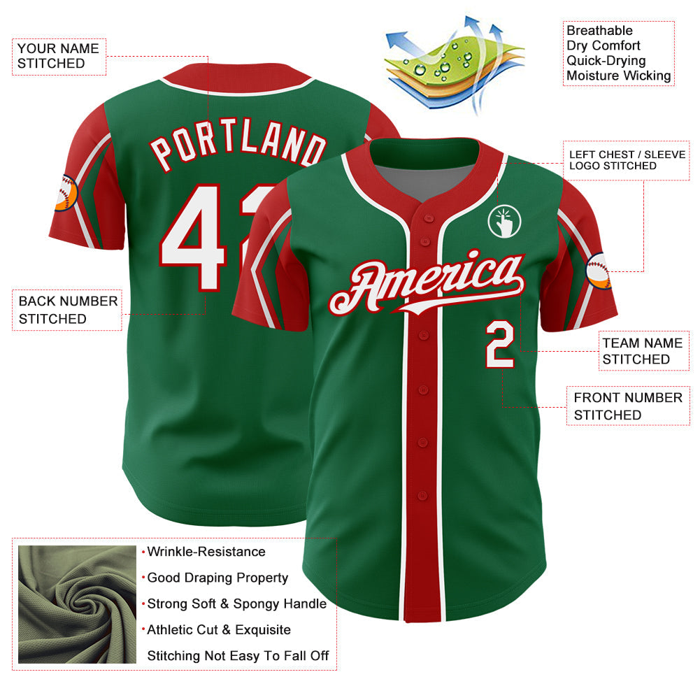 Custom Kelly Green White-Red 3 Colors Arm Shapes Authentic Baseball Jersey view 4