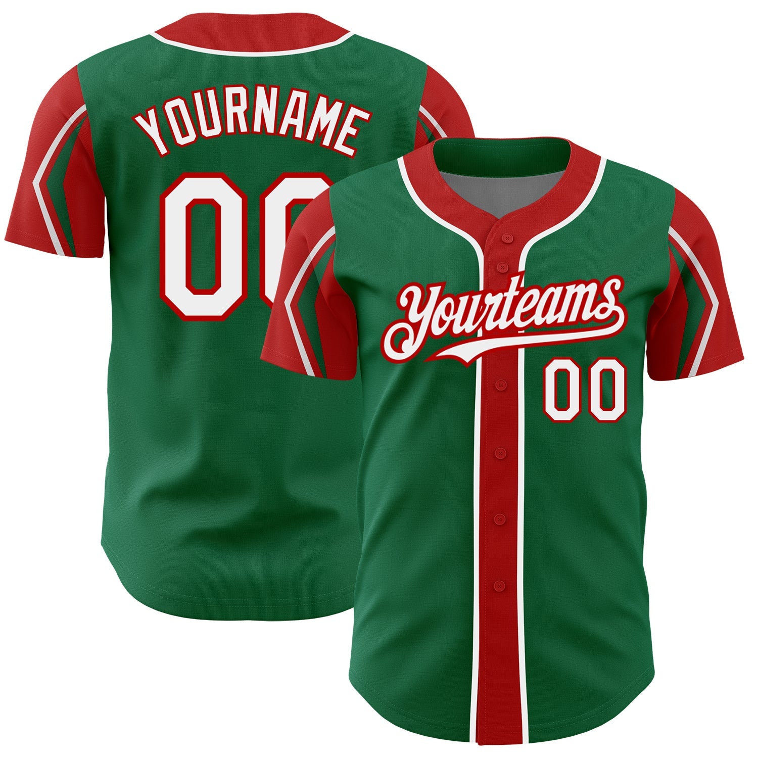 Custom Kelly Green White-Red 3 Colors Arm Shapes Authentic Baseball Jersey - Main View