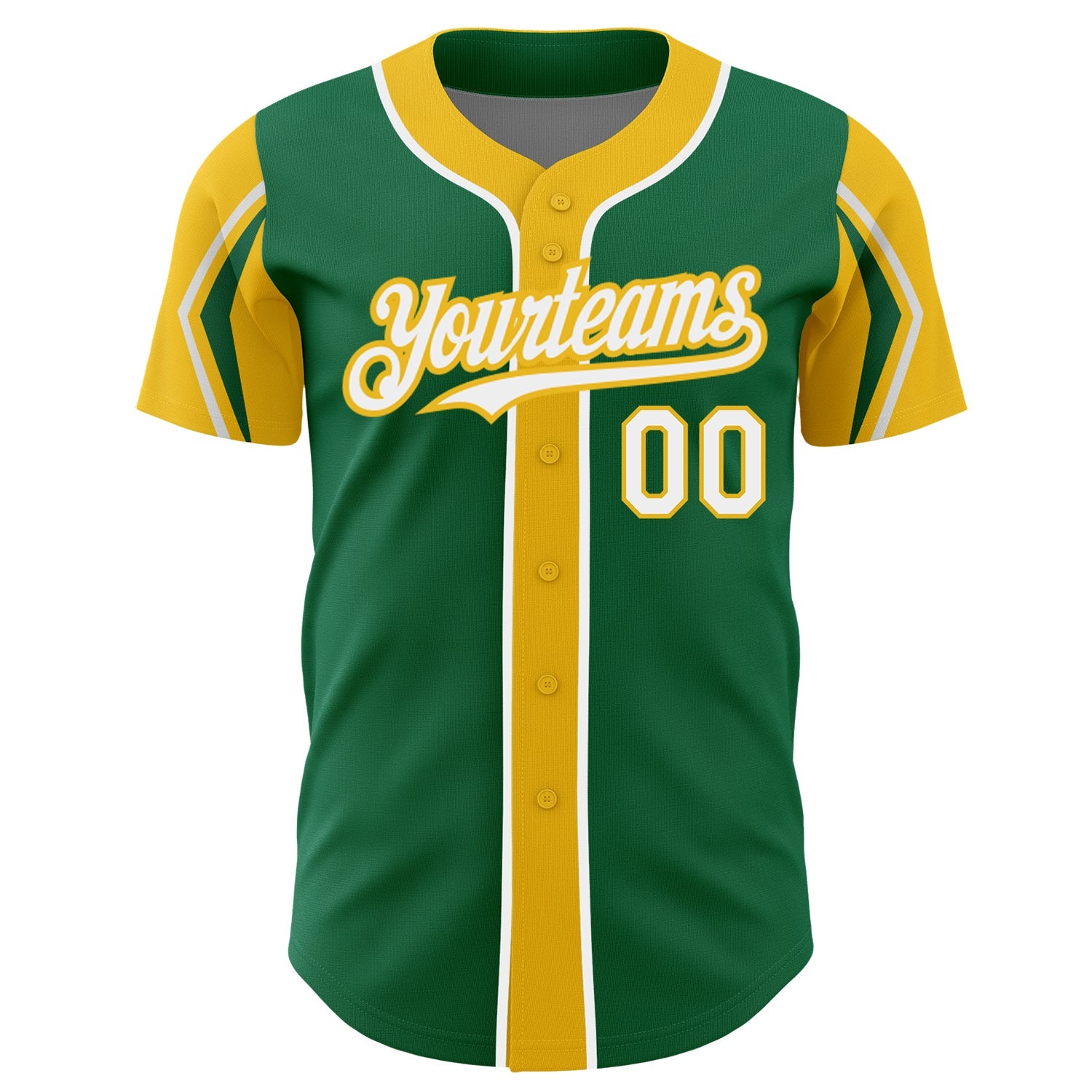Custom Kelly Green White-Yellow 3 Colors Arm Shapes Authentic Baseball Jersey view 3