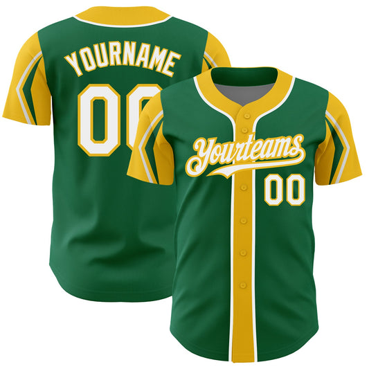 Custom Kelly Green White-Yellow 3 Colors Arm Shapes Authentic Baseball Jersey - Main View