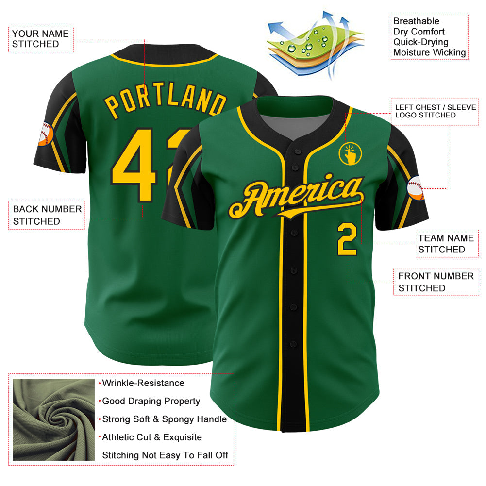 Custom Kelly Green Yellow-Black 3 Colors Arm Shapes Authentic Baseball Jersey view 4