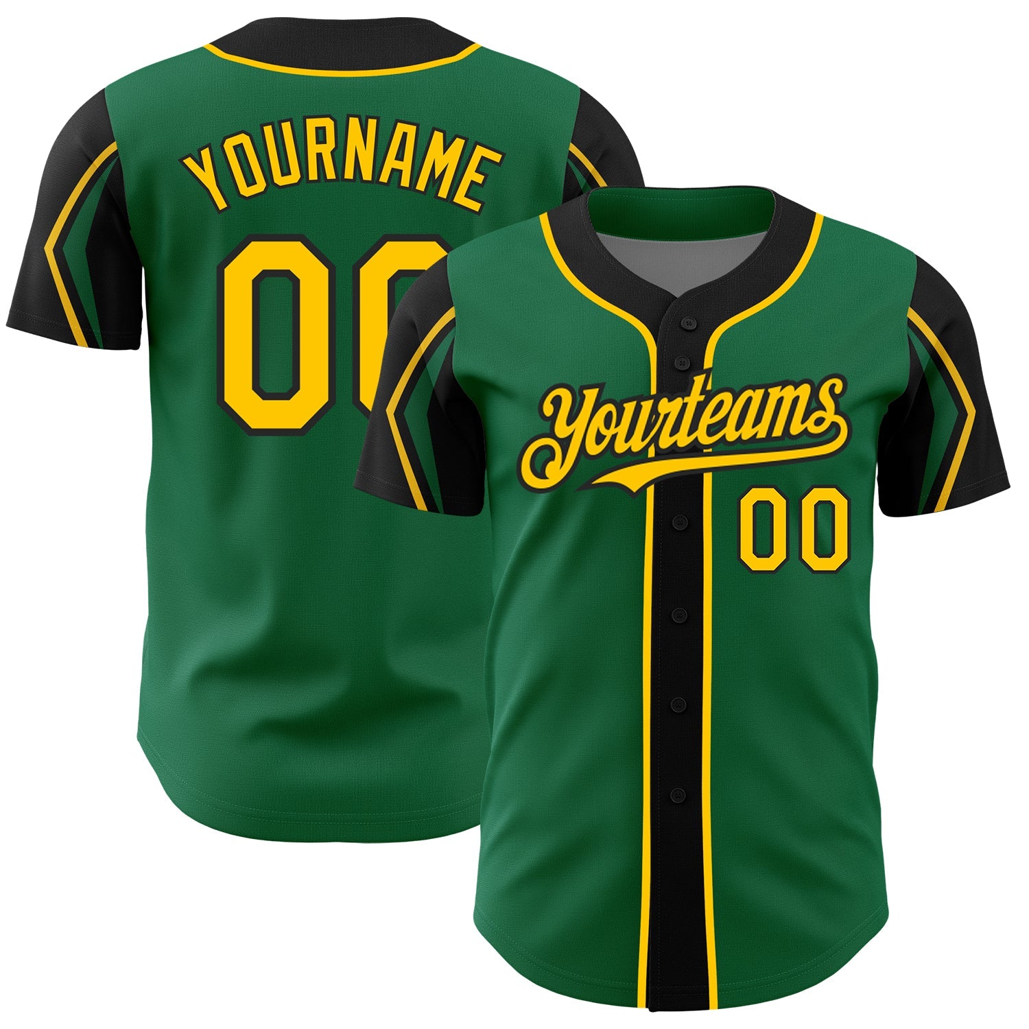 Custom Kelly Green Yellow-Black 3 Colors Arm Shapes Authentic Baseball Jersey - Main View