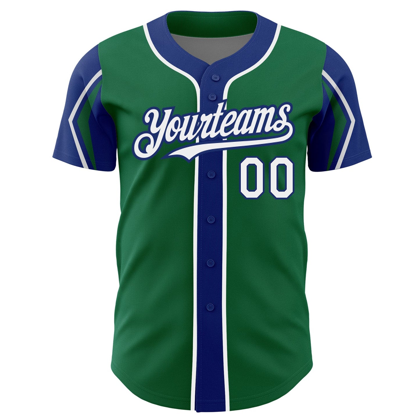 Custom Kelly Green White-Royal 3 Colors Arm Shapes Authentic Baseball Jersey view 3
