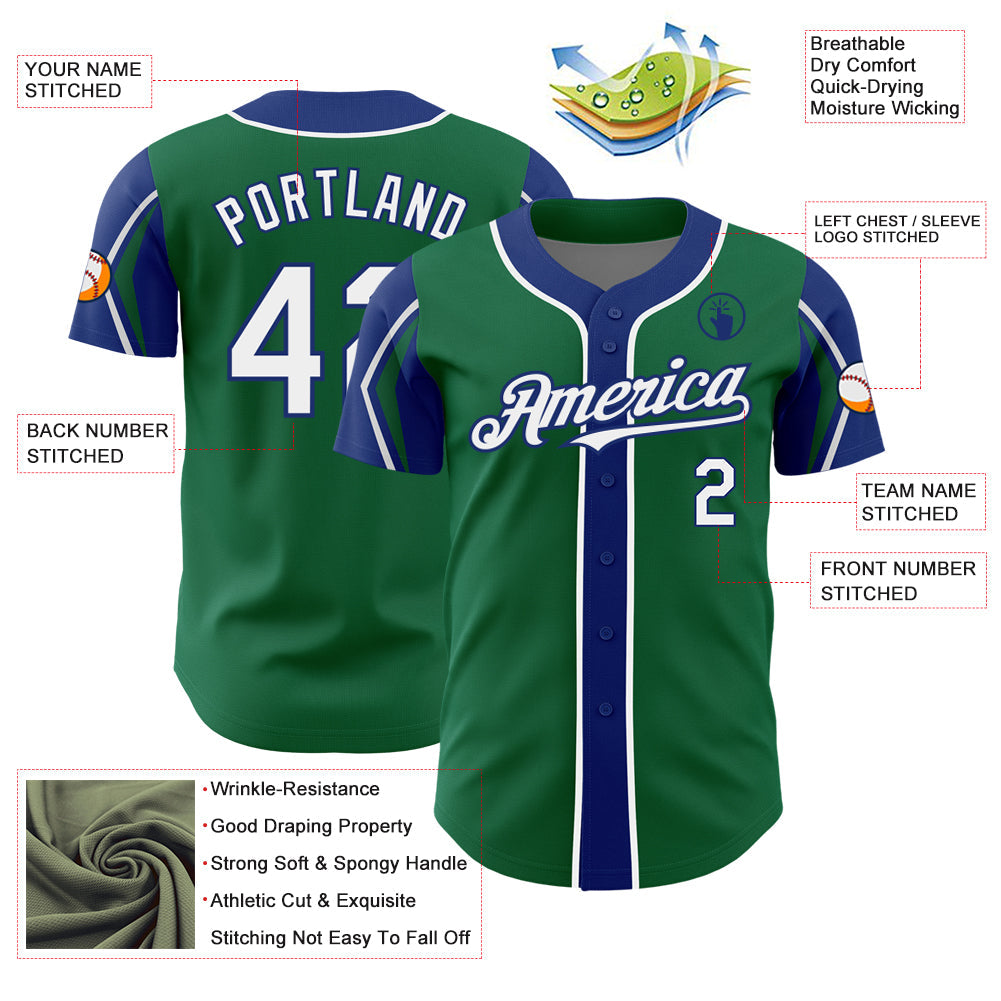 Custom Kelly Green White-Royal 3 Colors Arm Shapes Authentic Baseball Jersey view 4