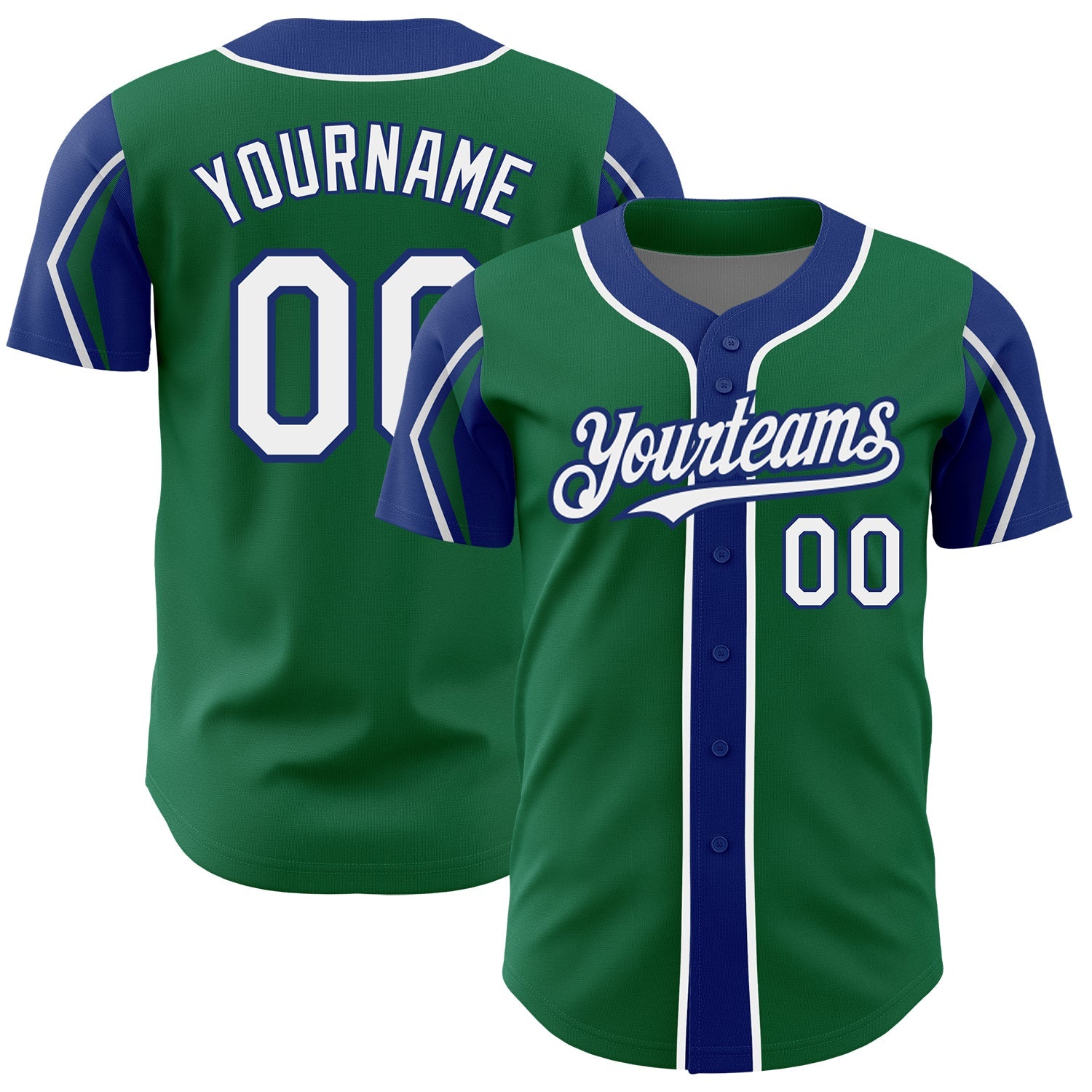 Custom Kelly Green White-Royal 3 Colors Arm Shapes Authentic Baseball Jersey - Main View