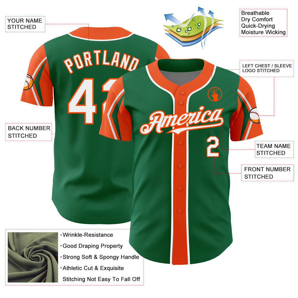 Custom Kelly Green White-Orange 3 Colors Arm Shapes Authentic Baseball Jersey view 4