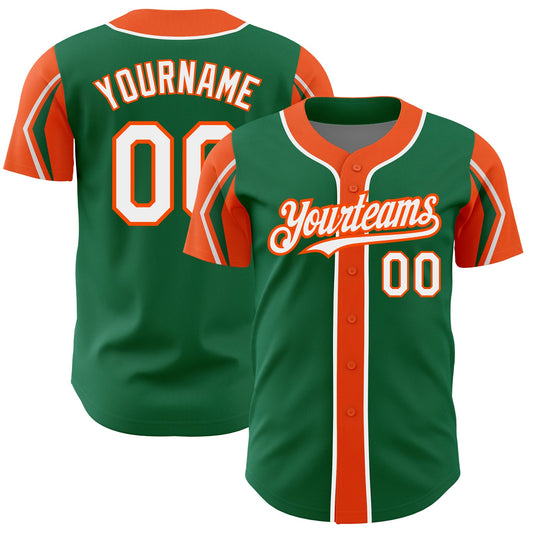 Custom Kelly Green White-Orange 3 Colors Arm Shapes Authentic Baseball Jersey - Main View