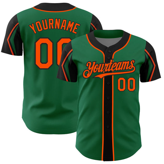 Custom Kelly Green Orange-Black 3 Colors Arm Shapes Authentic Baseball Jersey - Main View