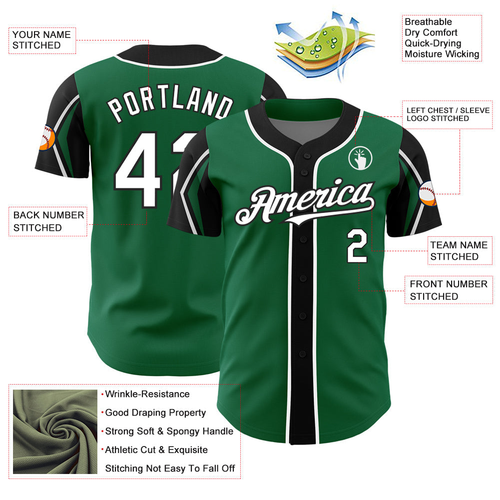 Custom Kelly Green White-Black 3 Colors Arm Shapes Authentic Baseball Jersey view 4