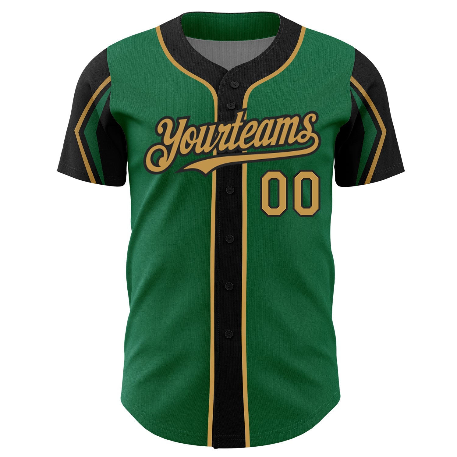 Custom Kelly Green Old Gold-Black 3 Colors Arm Shapes Authentic Baseball Jersey view 3