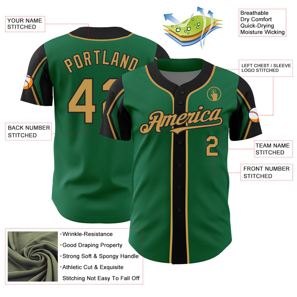 Custom Kelly Green Old Gold-Black 3 Colors Arm Shapes Authentic Baseball Jersey view 4