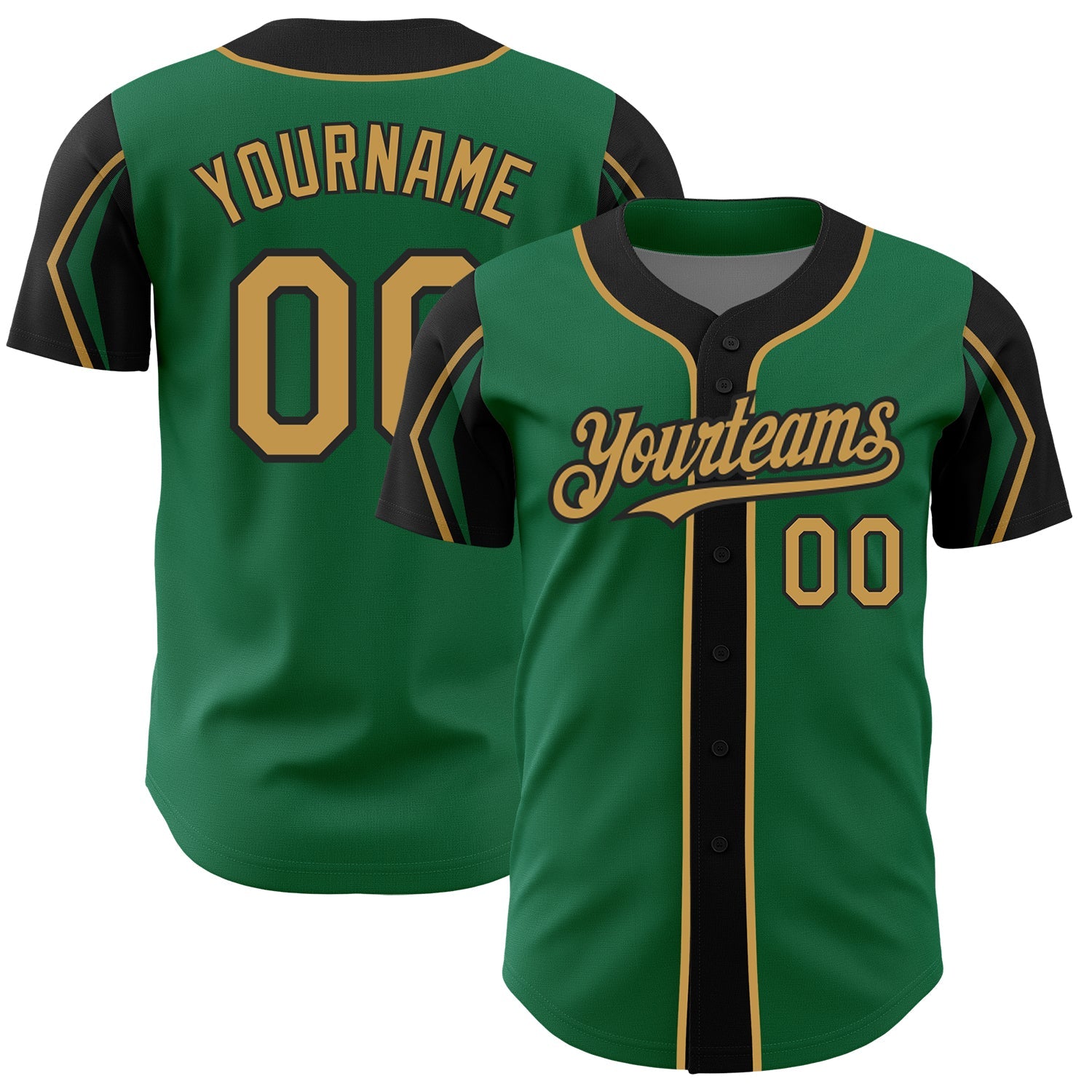 Custom Kelly Green Old Gold-Black 3 Colors Arm Shapes Authentic Baseball Jersey - Main View