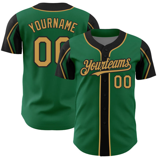 Custom Kelly Green Old Gold-Black 3 Colors Arm Shapes Authentic Baseball Jersey - Main View