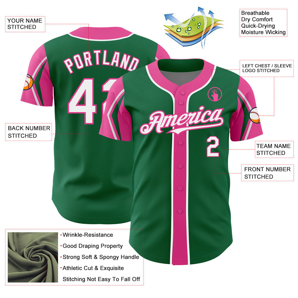 Custom Kelly Green White-Pink 3 Colors Arm Shapes Authentic Baseball Jersey view 4