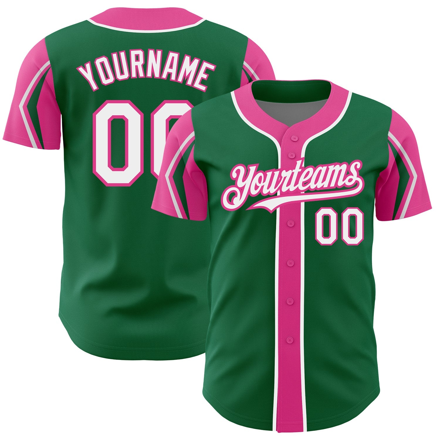 Custom Kelly Green White-Pink 3 Colors Arm Shapes Authentic Baseball Jersey - Main View