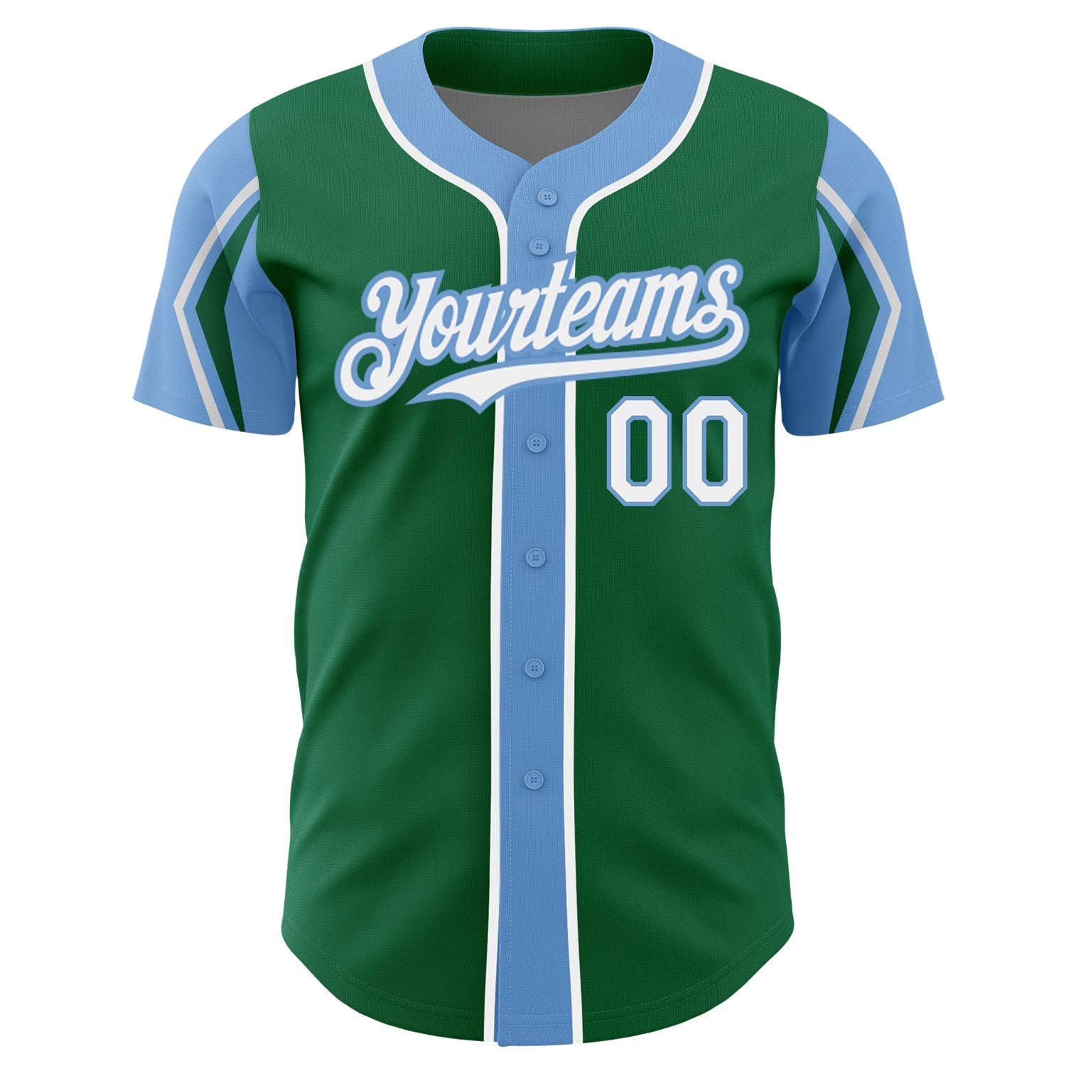 Custom Kelly Green White-Light Blue 3 Colors Arm Shapes Authentic Baseball Jersey view 3