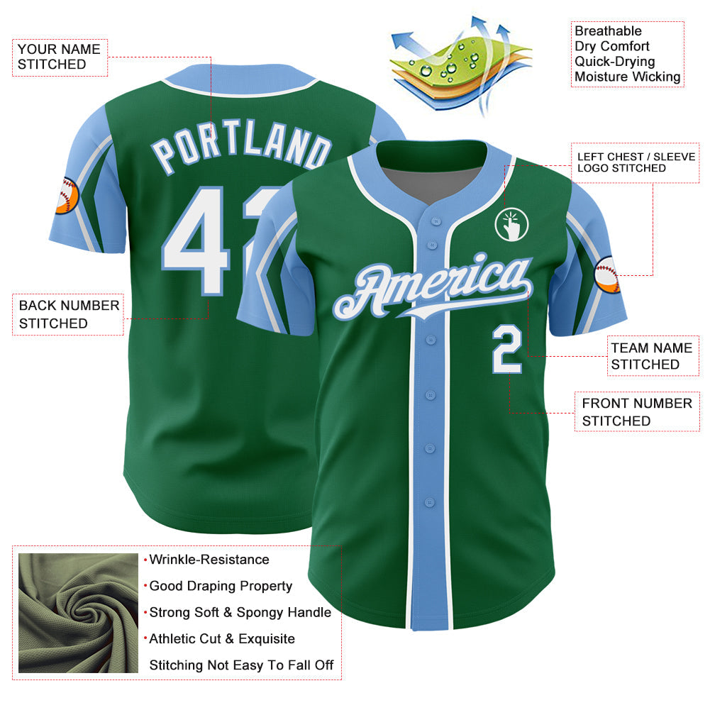 Custom Kelly Green White-Light Blue 3 Colors Arm Shapes Authentic Baseball Jersey view 4