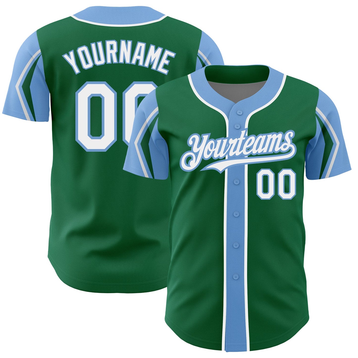 Custom Kelly Green White-Light Blue 3 Colors Arm Shapes Authentic Baseball Jersey - Main View
