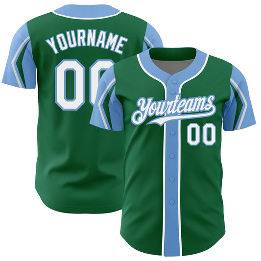 Custom Kelly Green White-Light Blue 3 Colors Arm Shapes Authentic Baseball Jersey - Main View