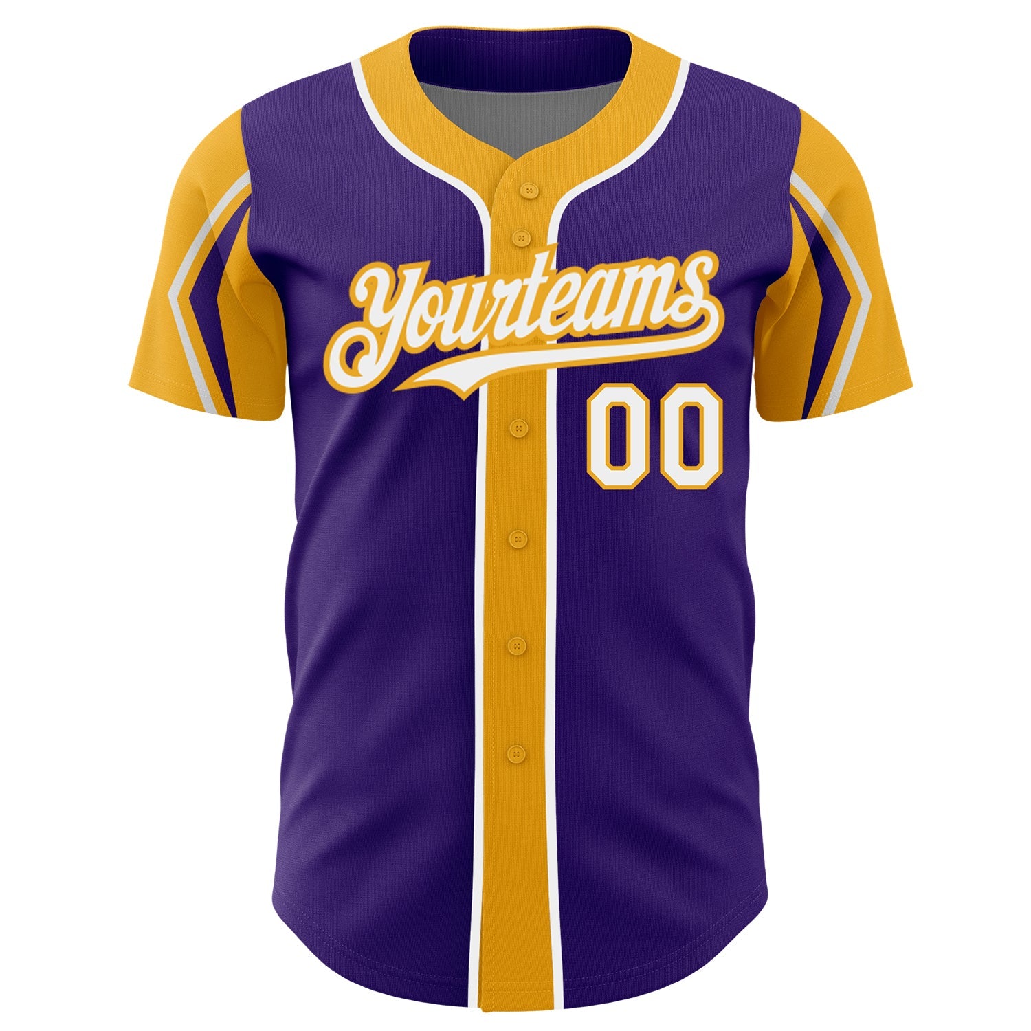 Custom Purple White-Gold 3 Colors Arm Shapes Authentic Baseball Jersey view 3