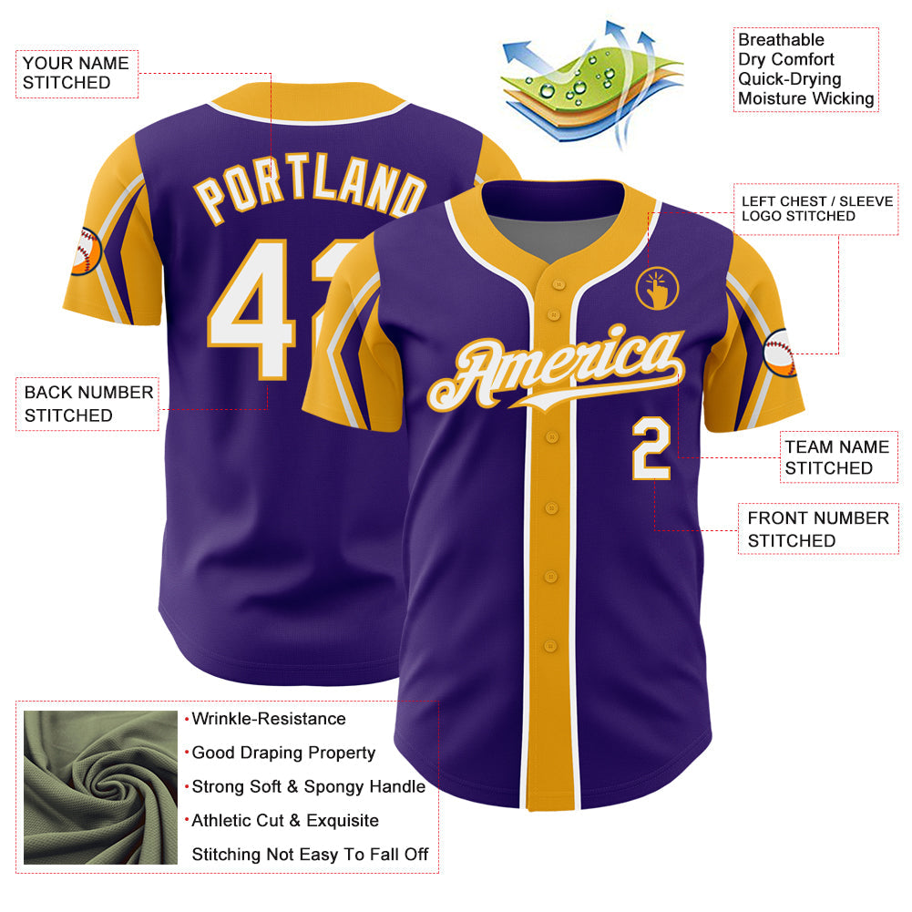 Custom Purple White-Gold 3 Colors Arm Shapes Authentic Baseball Jersey view 4