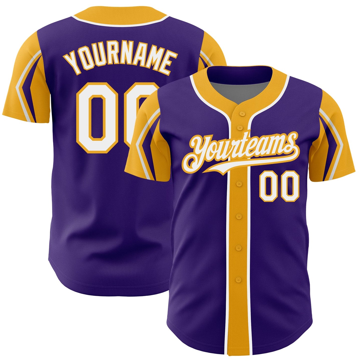 Custom Purple White-Gold 3 Colors Arm Shapes Authentic Baseball Jersey - Main View